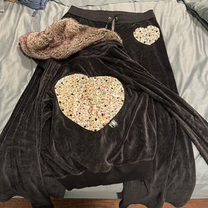 Black velour pink Victoria’s Secret wide legged pants AND fur lined jacket set